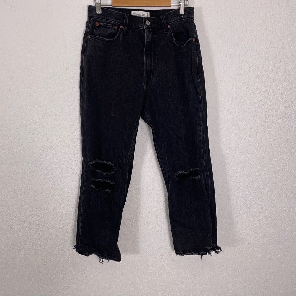 Abercrombie & Fitch Black Ultra High Rise Distressed Ankle Straight Leg Jeans